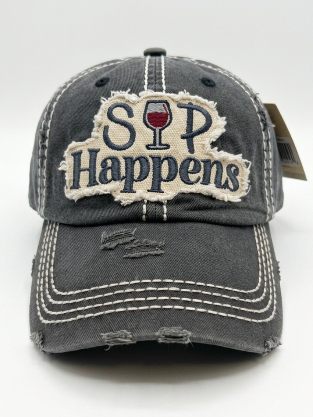 Sip Happens Wine Embroidered Distressed Baseball Hat Cap Faded Black Gray Graph